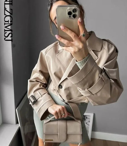 2024 Belt Cropped Trench Spring Jacket Women Vintage Streetwear Double Breasted Long Sleeve Top Female Coat Outfits
