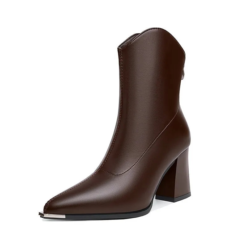Women Leather Boots Luxury Pointed Brand Toe Chelsea Ankle Boots Trendy High Heels Zipper Goth Pumps Shoes French Women's Boots