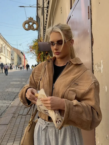 Retro Brown Suede Lapel Zippered Short Jackets Women's Casual Full Sleeves Pocket Loose Coats 2026 Spring Daily Commute Outwear