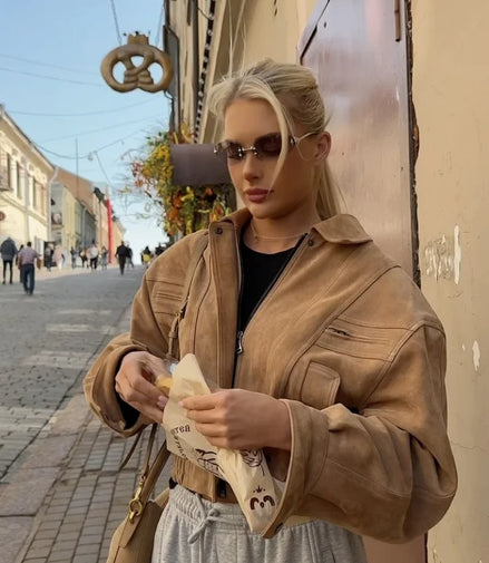 Retro Brown Suede Lapel Zippered Short Jackets Women's Casual Full Sleeves Pocket Loose Coats 2026 Spring Daily Commute Outwear
