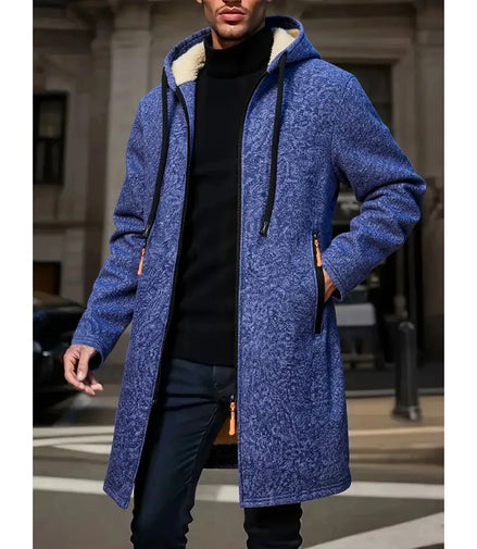 Men's Winter Warm Long Coat Zipper Jacket Zip Windbreaker Thick Fleece Windproof Overcoat Casual Contrast Color Hooded Jacket