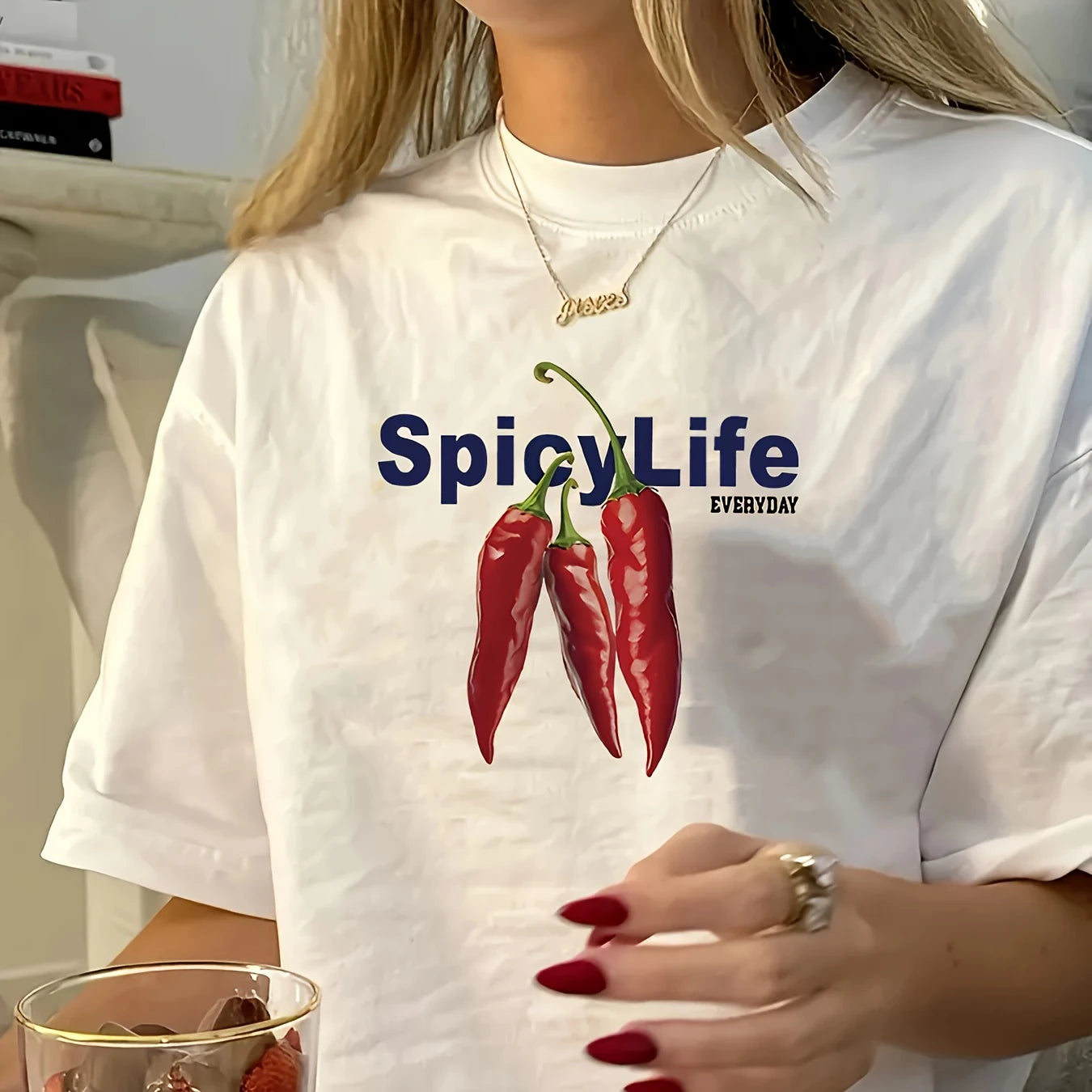 Chilli Spicy Life Print Crew Neck T-shirt Casual Short Sleeve Top Round Neck Casual Women's Summer Tshirt Clothing