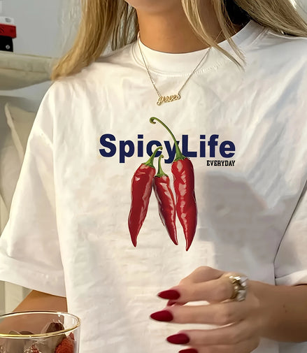 Chilli Spicy Life Print Crew Neck T-shirt Casual Short Sleeve Top Round Neck Casual Women's Summer Tshirt Clothing