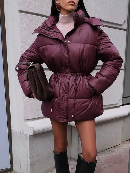Women Solid Thicken Cotton Jacket Casual Stand Collar Zipper Long Sleeve Lace Up Loose Warm Coat Winter Lady Daily Street Coats