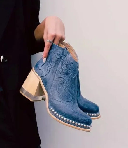 Female Ankle Boots  Leather Women's Shoes Low Heel Cool British Embroidered Design Soft Short Boots Party Ladies Footwear PU 024