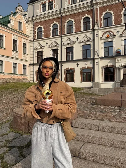 Retro Brown Suede Lapel Zippered Short Jackets Women's Casual Full Sleeves Pocket Loose Coats 2026 Spring Daily Commute Outwear