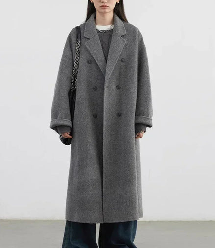 CHIC VEN Women Woolen Coat Double-breasted Basic Loose Casual Retro New Long Double-sided Female Overcoat Autumn Winter 2024