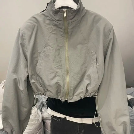 2024 Autumn Vintage Women's Windbreaker Cropped Jackets Harajuku Oversized Streetwear Long Sleeve Fashion Female Elegant Top
