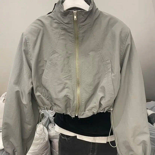 2024 Autumn Vintage Women's Windbreaker Cropped Jackets Harajuku Oversized Streetwear Long Sleeve Fashion Female Elegant Top