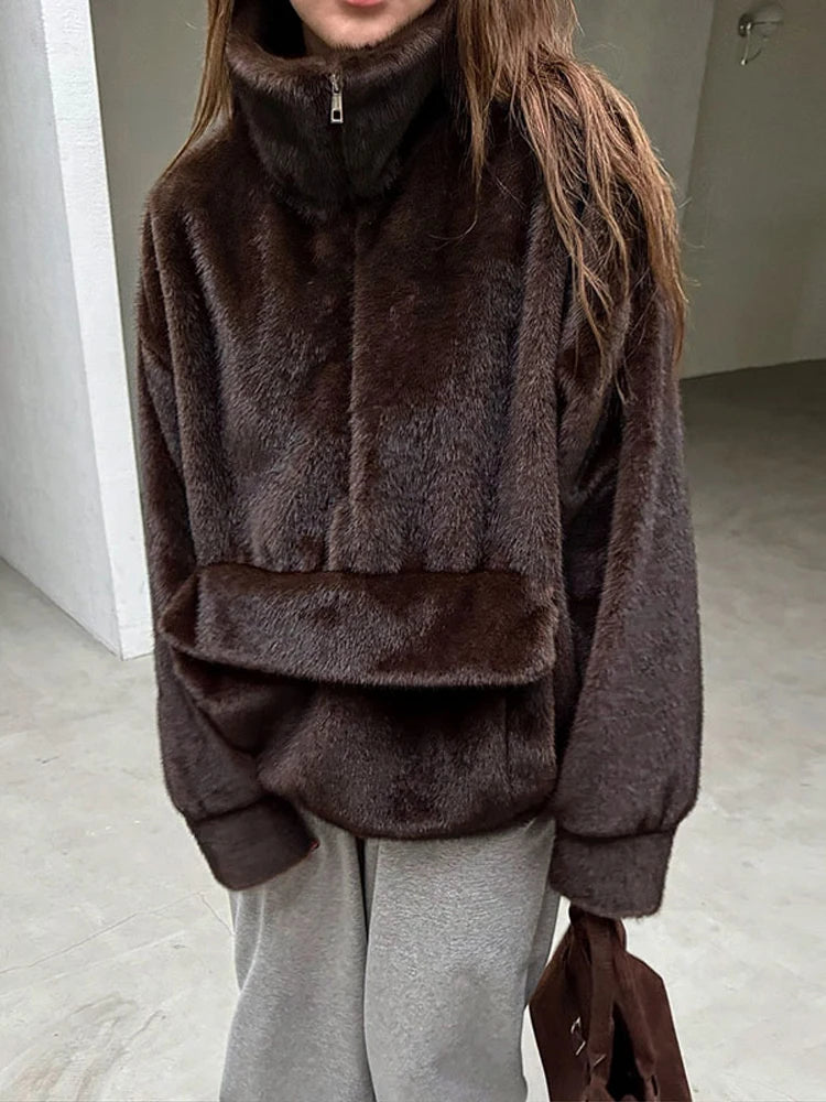 Women's Brown Faux Fur Coat With Hood Oversized Luxurious Long Sleeve Pocket Jacket Lady 2025 Fall Winter Chic Street Outerwear
