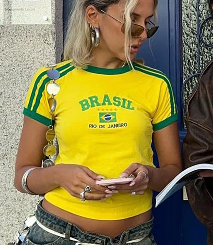 2023 Summer T-shirt For Women Brazil Letter Aesthetic 90's Crop Tops Casual Short Sleeve Tee Kpop Streetwear Vintage Y2k Clothes