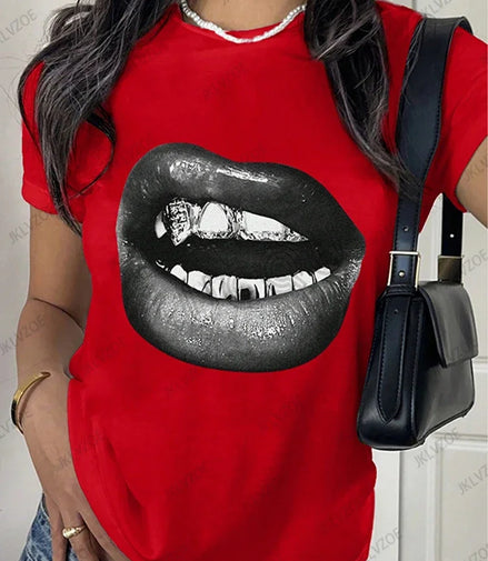 Summer Sporty T-Shirts Lip Printed Female Clothing Short Sleeve O-neck Tees Funny Women T Shirt Vintage Unisex Tops