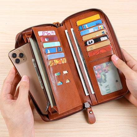 Men's leather wallet long new soft cowhide handbag travel light luxury simple large capacity anti-theft brush gradient color yel