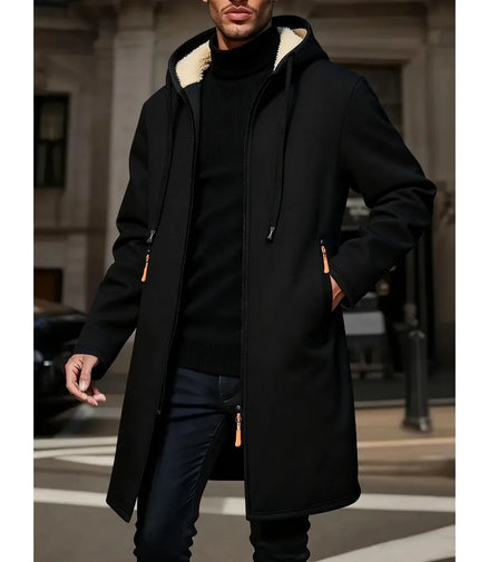 Men's Winter Warm Long Coat Zipper Jacket Zip Windbreaker Thick Fleece Windproof Overcoat Casual Contrast Color Hooded Jacket