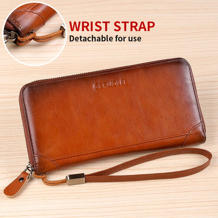 Men's leather wallet long new soft cowhide handbag travel light luxury simple large capacity anti-theft brush gradient color yel