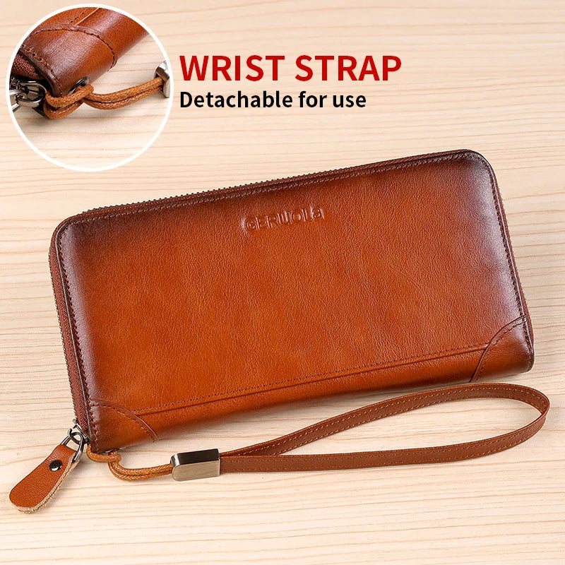 Men's leather wallet long new soft cowhide handbag travel light luxury simple large capacity anti-theft brush gradient color yel