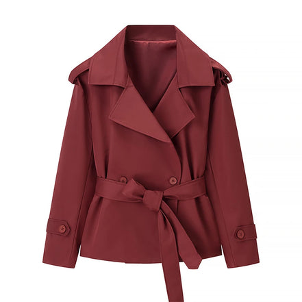 Belted Waist Cropped Trench Double Breasted Stand Collar 2025 Autumn Chic Elegant Women Coat Casual Vintage Office Lady Jacket