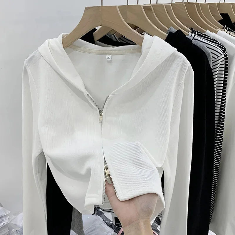 Women's Cardigan Hooded Short Jacket Double Zipper Slimming Design Simple Autumn Winter Outerwear Casual Fashion Style