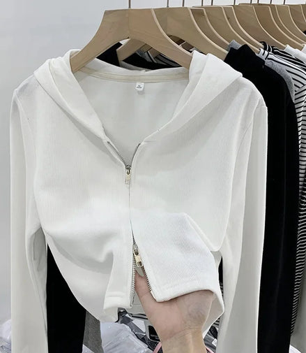 Women's Cardigan Hooded Short Jacket Double Zipper Slimming Design Simple Autumn Winter Outerwear Casual Fashion Style