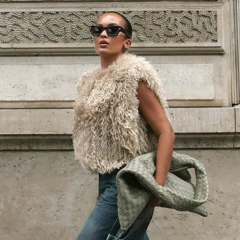 Knit Long Sleeve Faux Fur Patchwork Jacket Coat Women Zipper 2025 Winter Fashion Warm Female Cardigans Commute Lady Outwear Tops