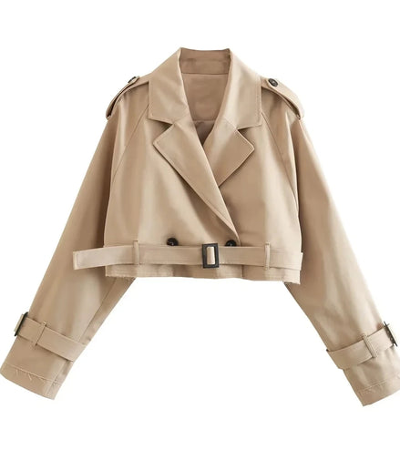 2024 Belt Cropped Trench Spring Jacket Women Vintage Streetwear Double Breasted Long Sleeve Top Female Coat Outfits