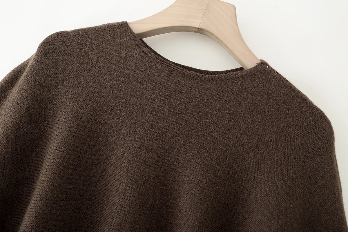 ETJ 2025 women's new fashion oversized loose version of the round neck cape sweater solid color bat sleeve sweater