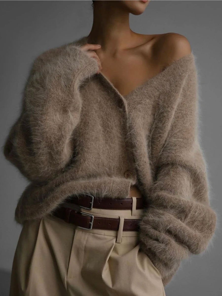Loose Long Sve Knitted Cardigan Faux Mink Coat Sle Comfortable Fit Women's Premium Quali A-Line Knitwear V-Ne Button up