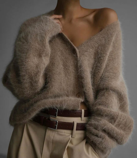 Loose Long Sve Knitted Cardigan Faux Mink Coat Sle Comfortable Fit Women's Premium Quali A-Line Knitwear V-Ne Button up