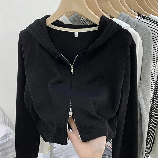 Women's Cardigan Hooded Short Jacket Double Zipper Slimming Design Simple Autumn Winter Outerwear Casual Fashion Style