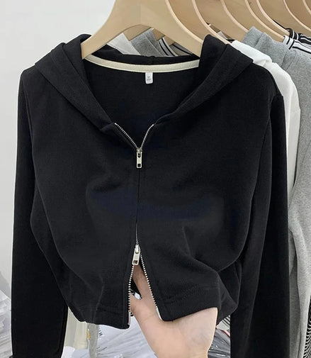 Women's Cardigan Hooded Short Jacket Double Zipper Slimming Design Simple Autumn Winter Outerwear Casual Fashion Style