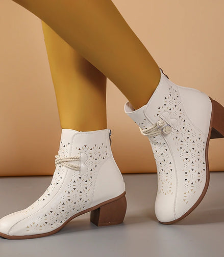 2025 Summer New Women's Fashion Hollow-Out Soft Sole Mid-Heel Ankle Boots, Retro Breathable Comfortable Shoes