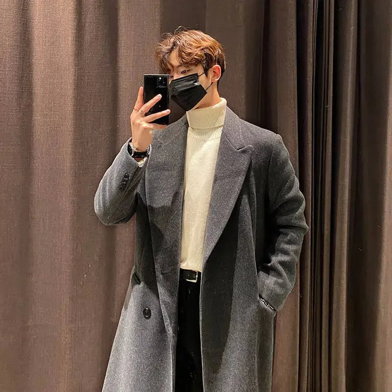 Men's Long Woolen Coat Winter Thickened Overcoat Double Breasted Casual Trendy Floor-Length Windbreaker Korean Style
