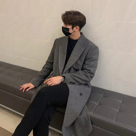 Men's Long Woolen Coat Winter Thickened Overcoat Double Breasted Casual Trendy Floor-Length Windbreaker Korean Style