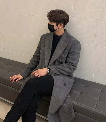 Men's Long Woolen Coat Winter Thickened Overcoat Double Breasted Casual Trendy Floor-Length Windbreaker Korean Style