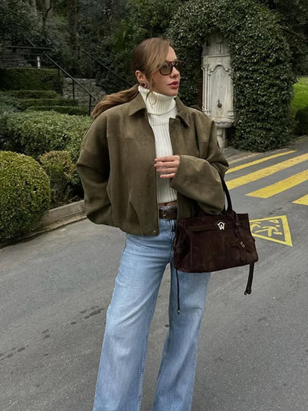 Retro Brown Suede Lapel Zippered Short Jackets Women's Casual Full Sleeves Pocket Loose Coats 2026 Spring Daily Commute Outwear