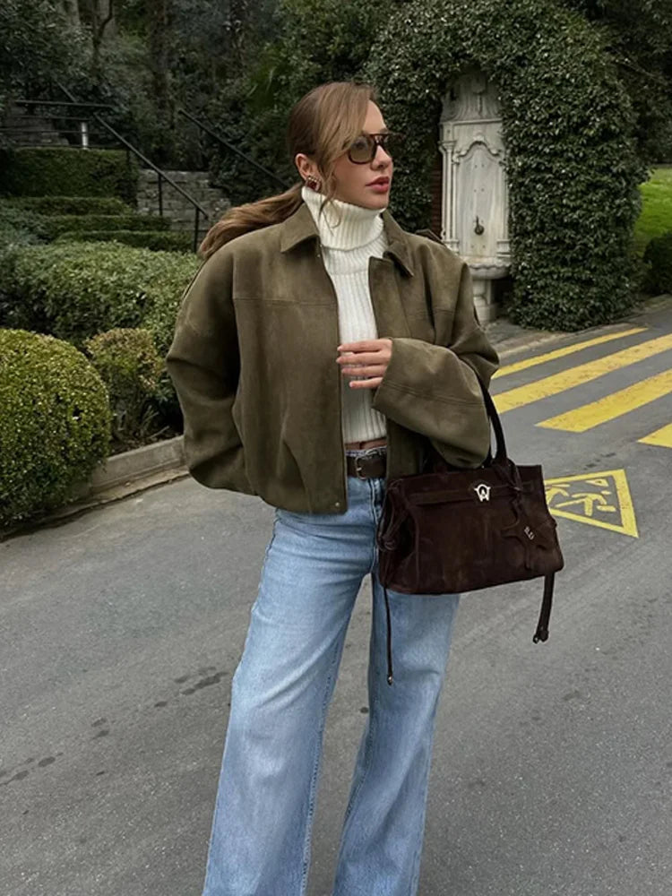 Retro Brown Suede Lapel Zippered Short Jackets Women's Casual Full Sleeves Pocket Loose Coats 2026 Spring Daily Commute Outwear