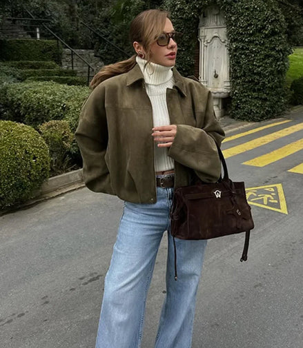 Retro Brown Suede Lapel Zippered Short Jackets Women's Casual Full Sleeves Pocket Loose Coats 2026 Spring Daily Commute Outwear