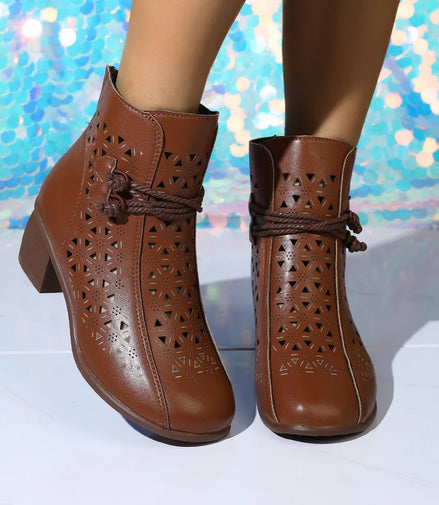 2025 Summer New Women's Fashion Hollow-Out Soft Sole Mid-Heel Ankle Boots, Retro Breathable Comfortable Shoes