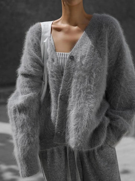 Loose Long Sve Knitted Cardigan Faux Mink Coat Sle Comfortable Fit Women's Premium Quali A-Line Knitwear V-Ne Button up