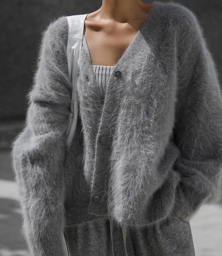 Loose Long Sve Knitted Cardigan Faux Mink Coat Sle Comfortable Fit Women's Premium Quali A-Line Knitwear V-Ne Button up