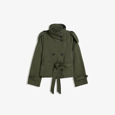 Belted Waist Cropped Trench Double Breasted Stand Collar 2025 Autumn Chic Elegant Women Coat Casual Vintage Office Lady Jacket