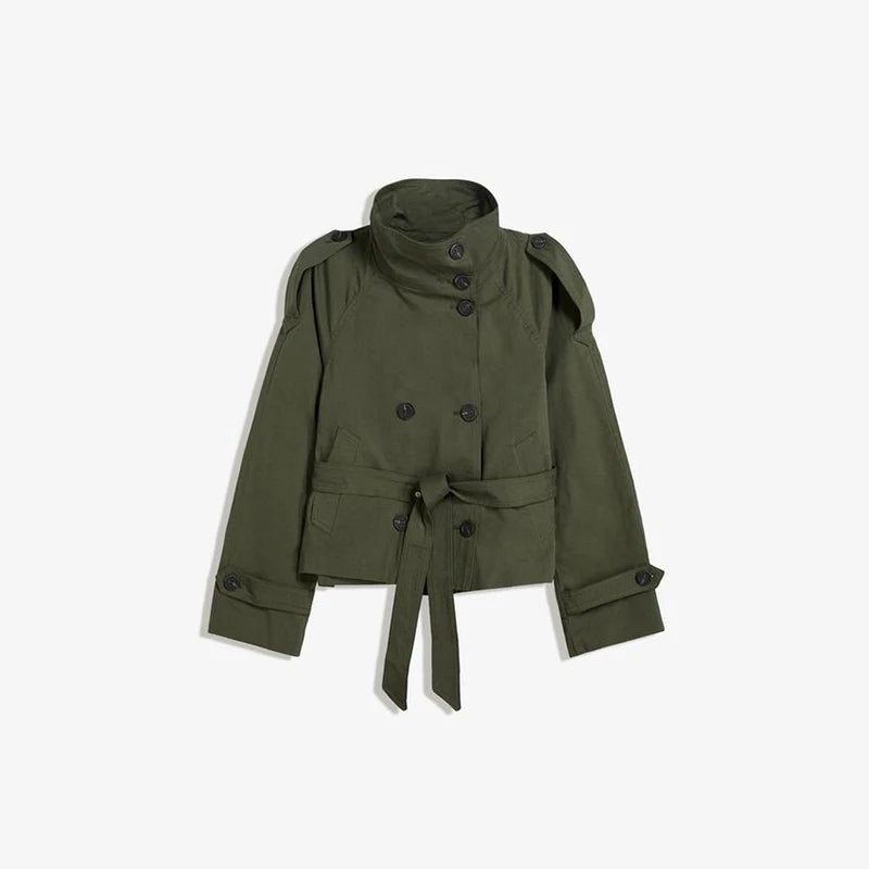 Belted Waist Cropped Trench Double Breasted Stand Collar 2025 Autumn Chic Elegant Women Coat Casual Vintage Office Lady Jacket