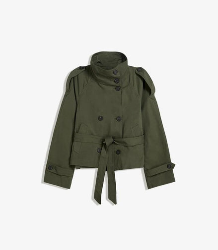 Belted Waist Cropped Trench Double Breasted Stand Collar 2025 Autumn Chic Elegant Women Coat Casual Vintage Office Lady Jacket