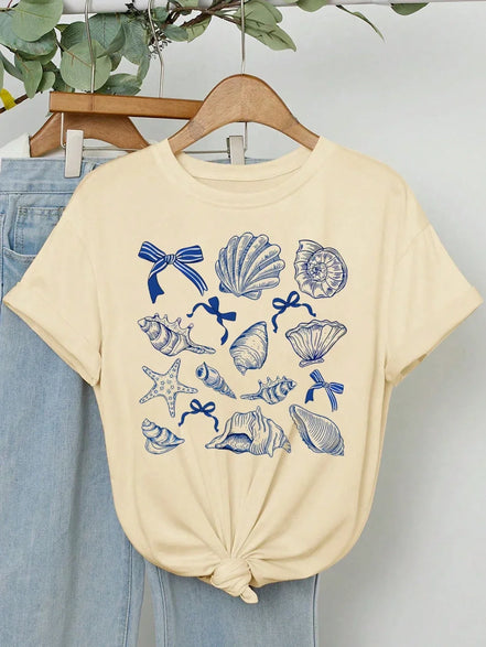 Summer American Retro Y2k Marine Animal Conch Bow Pattern T-shirt Women's Loose Round Neck Street Clothing Half-sleeved Top