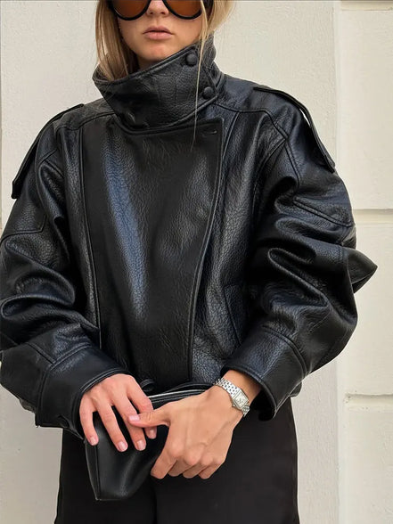 HH Autumn Faux Leather Jacket For Women Casual Solid Long Sleeve Zipper Pu Leather Coats New Fashion Female Streetwear
