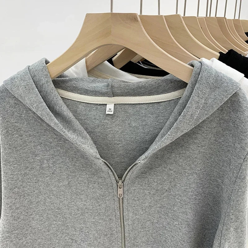 Women's Cardigan Hooded Short Jacket Double Zipper Slimming Design Simple Autumn Winter Outerwear Casual Fashion Style