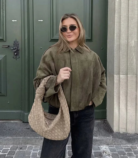 Women's Bomber Jackets Coats Fashion Turn-down Collar Long Sleeve Loose Coats Vintage Female Outerwear Chic Tops