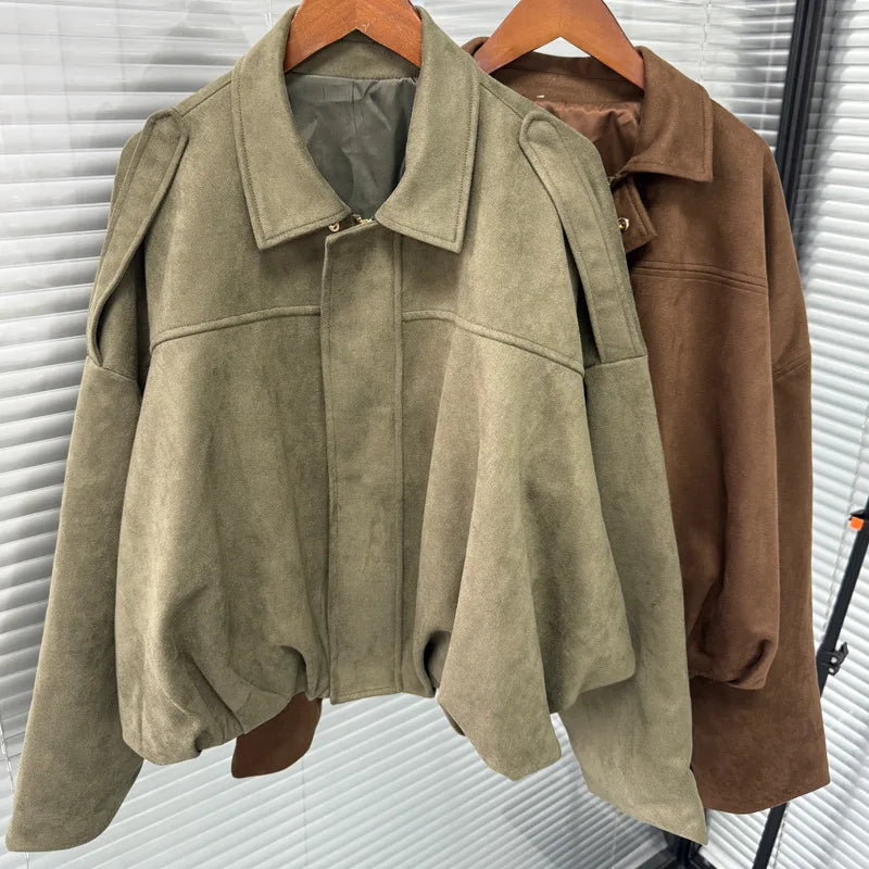 Retro Style Suede Jacket Zipper Collar Outerwear for Women Medium Thickness Long Sleeve Street Fashion Loose Fit Autumn Winter
