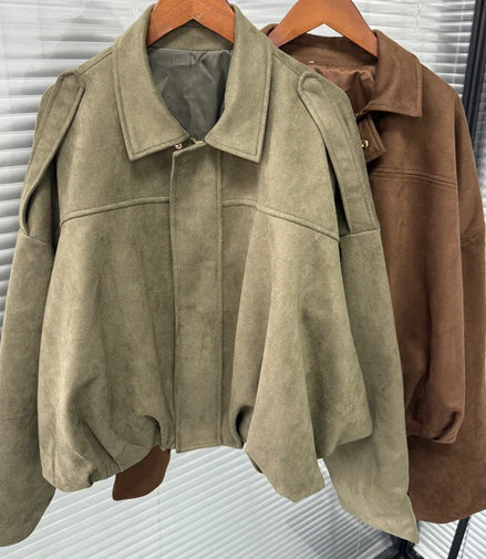 Retro Style Suede Jacket Zipper Collar Outerwear for Women Medium Thickness Long Sleeve Street Fashion Loose Fit Autumn Winter