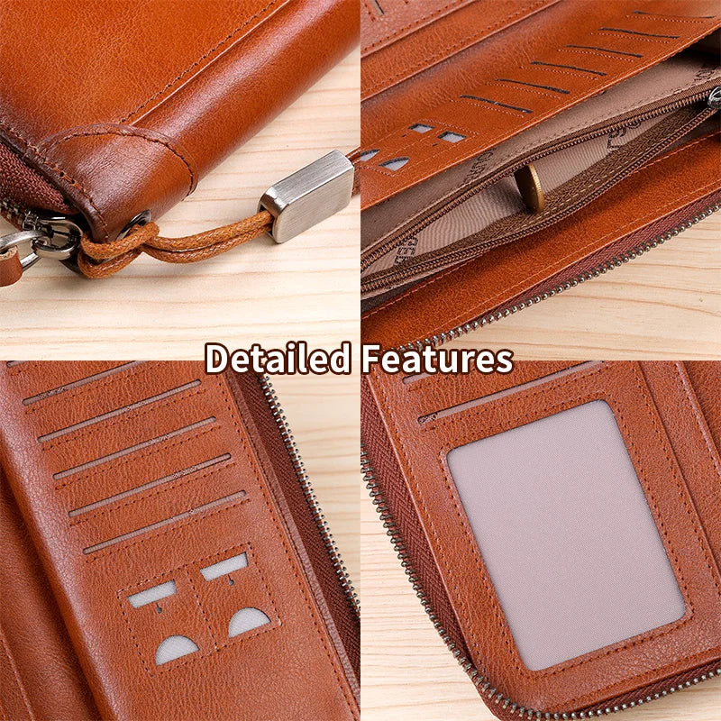 Men's leather wallet long new soft cowhide handbag travel light luxury simple large capacity anti-theft brush gradient color yel